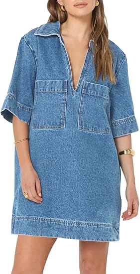 Womens Denim Shirt Dress Summer Collared V Neck Mini Casual Jean Dresses with Pockets
