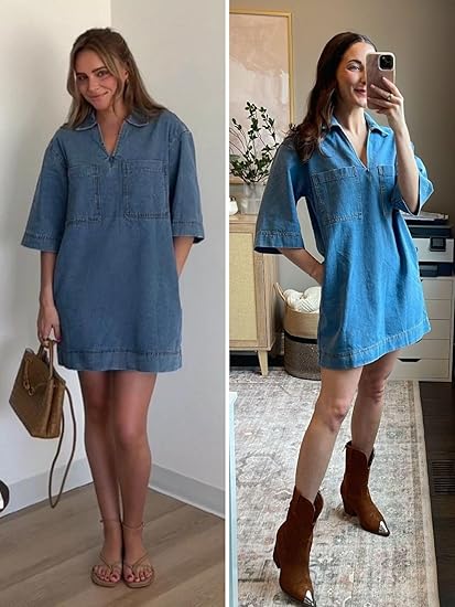 Womens Denim Shirt Dress Summer Collared V Neck Mini Casual Jean Dresses with Pockets