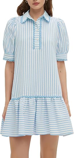 Women Striped Shirt Dress Summer Button Down Collared Short Puff Sleeve Ruffle Hem Casual Flowy Mini Dress