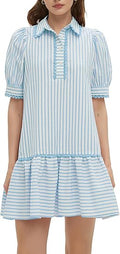 Women Striped Shirt Dress Summer Button Down Collared Short Puff Sleeve Ruffle Hem Casual Flowy Mini Dress