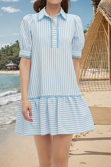 Women Striped Shirt Dress Summer Button Down Collared Short Puff Sleeve Ruffle Hem Casual Flowy Mini Dress