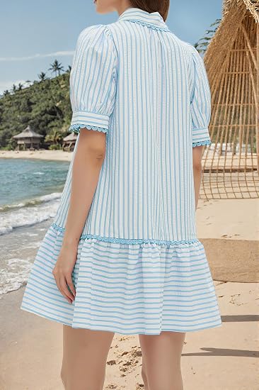 Women Striped Shirt Dress Summer Button Down Collared Short Puff Sleeve Ruffle Hem Casual Flowy Mini Dress
